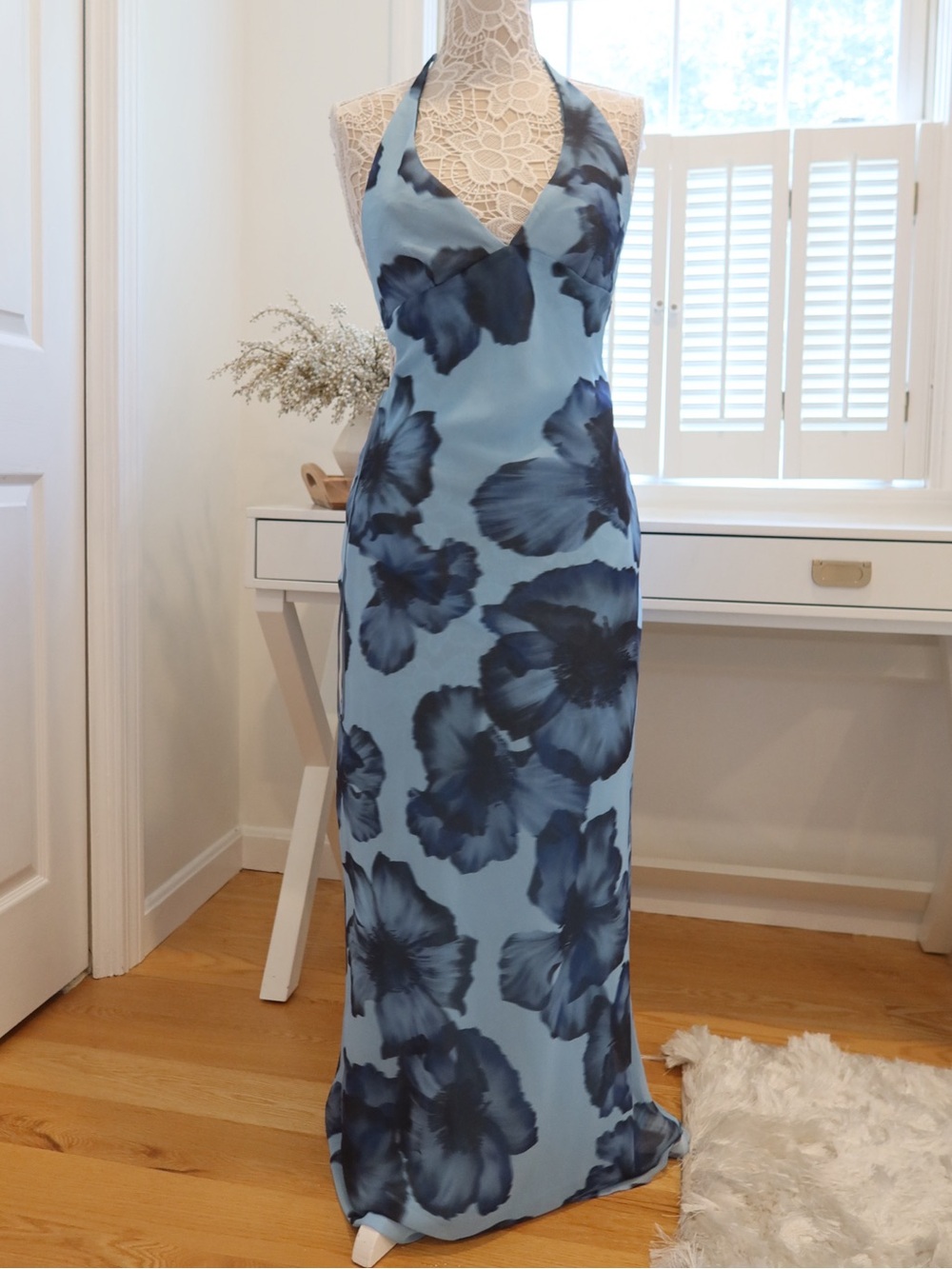 NWOT Zara Sky Blue Maxi Dress with Navy Floral Print